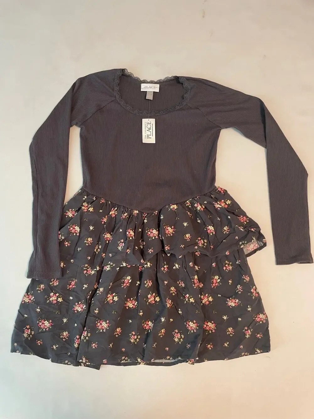 NWT the childrens place girls black dress ruffle floral skirt size 10/12 large